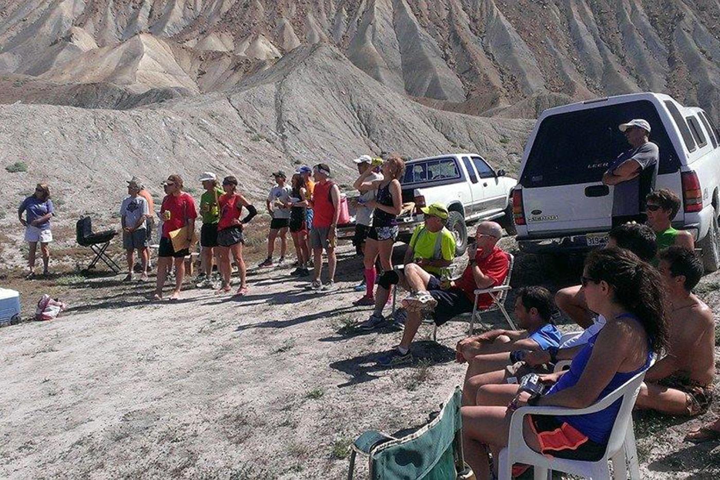 Runners socializing after a Garfield Grumble trail race in Palisade, Colorado 